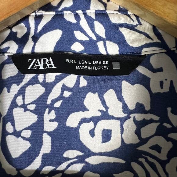 ZARA Blue White Abstract Floral Button Down Shirt Womens L European Coastal - Picture 5 of 6